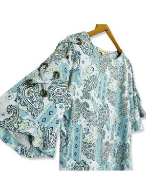 Lace Up Grommet Sleeve Blouse by Above and Beyond in Paisley Turquoise NWT